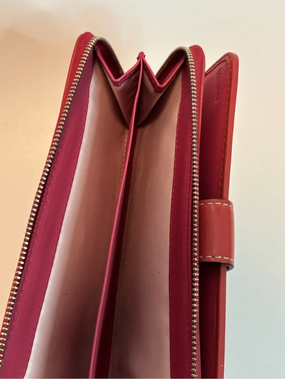 COACH ($229) Legacy Signature Zip-Around Wallet in Tan Canvas with Berry Accents